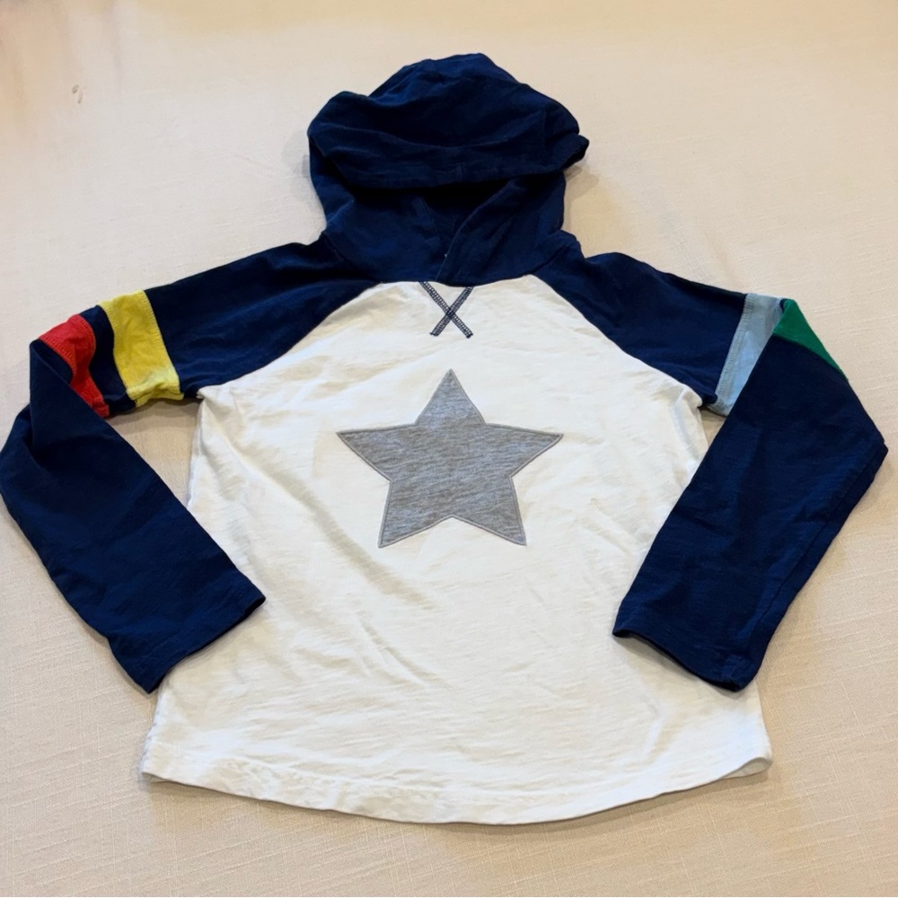 Mini Boden Navy & White Hooded Tee with Gray Star and Color-Block Sleeves